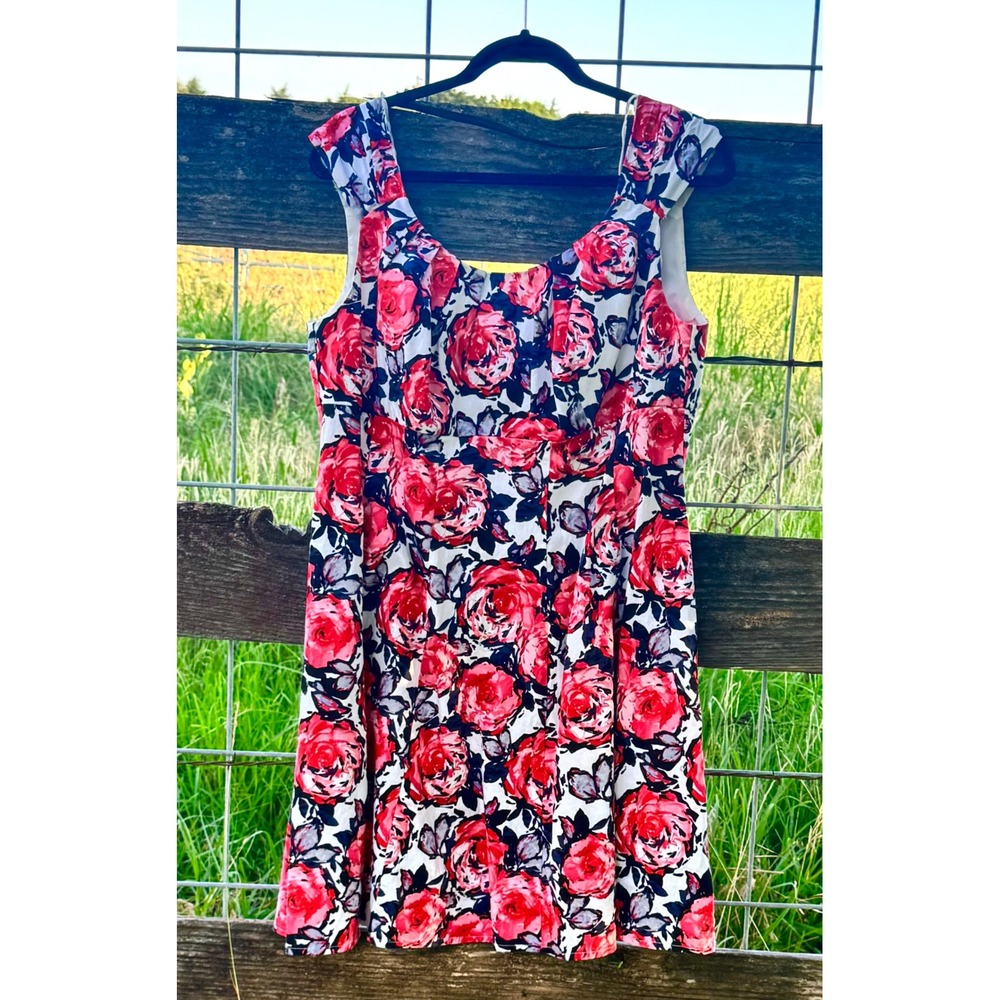 London Times Woman Red Rose Floral Fit‎ Flare Dress Sleeveless Plus Size 14W